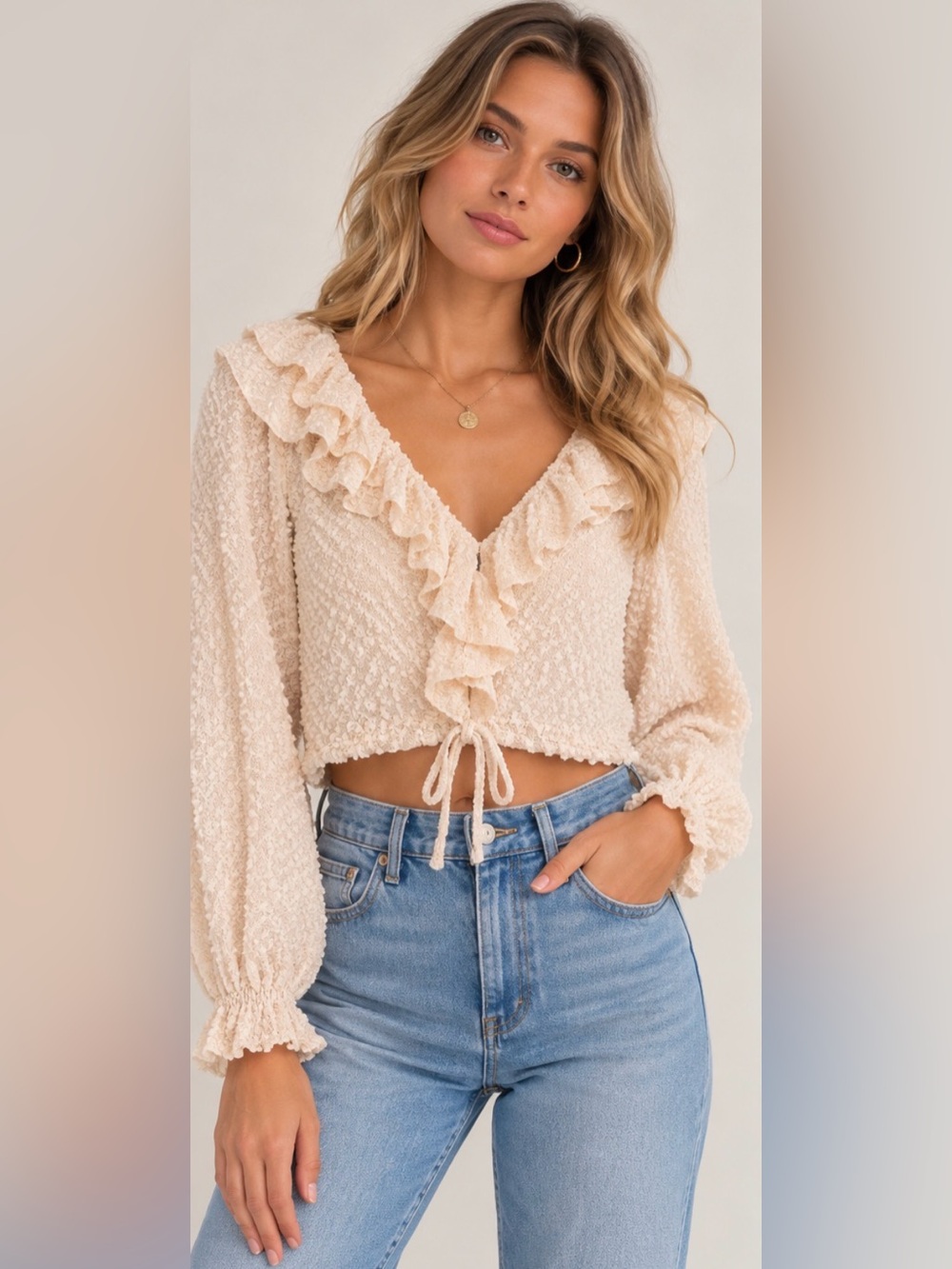 LUSH Cream Textured Metallic Ruffle Tie Front Crop Blouse L
